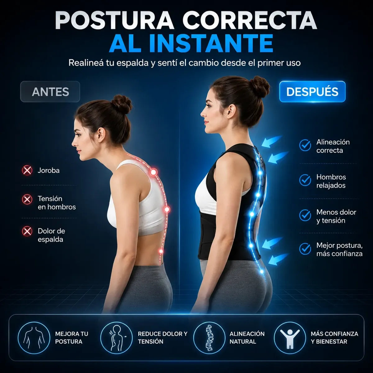 Corrector de Postura Ergonómico Ajustable Premium – Alivio de Dolor Espalda y Hombros