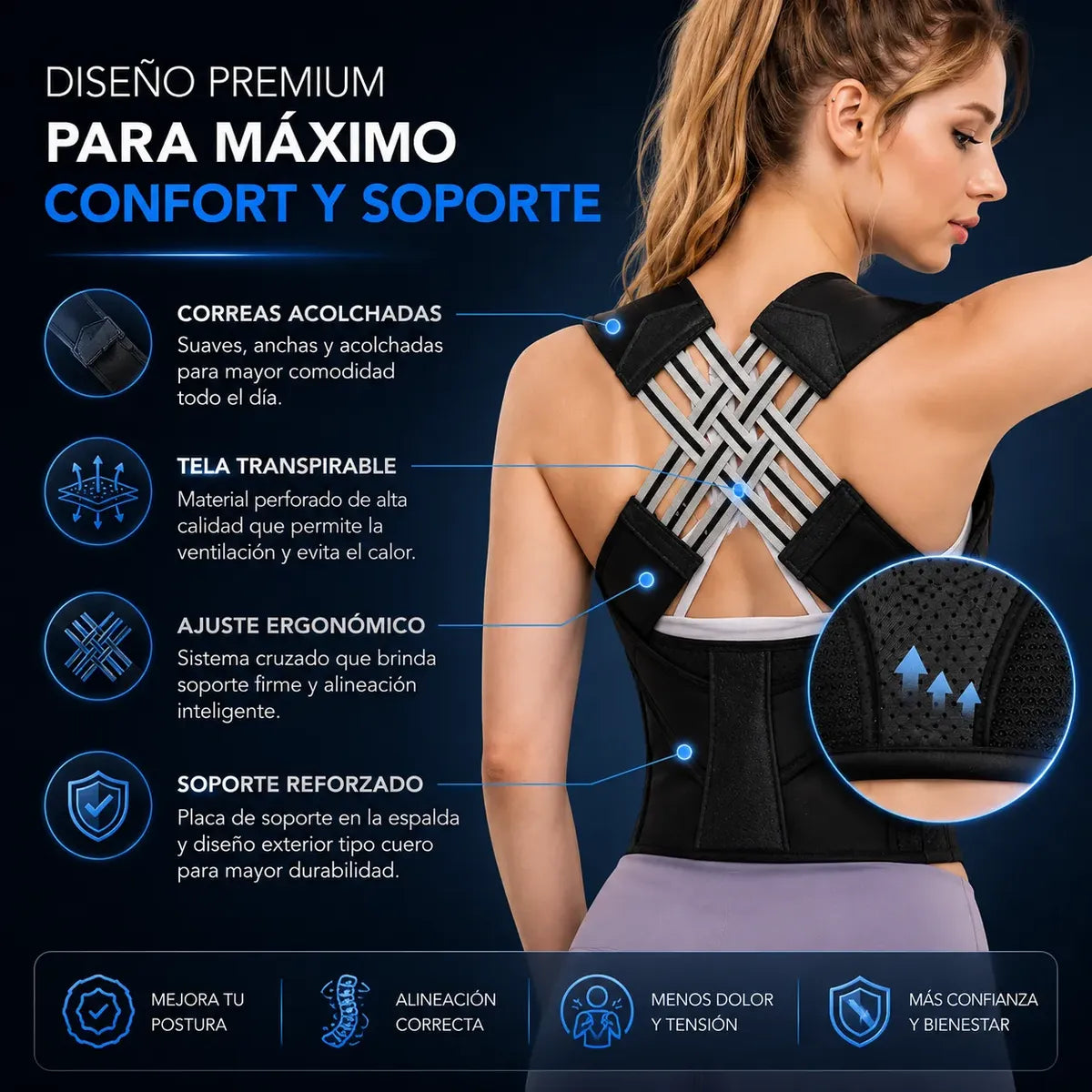 Corrector de Postura Ergonómico Ajustable Premium – Alivio de Dolor Espalda y Hombros