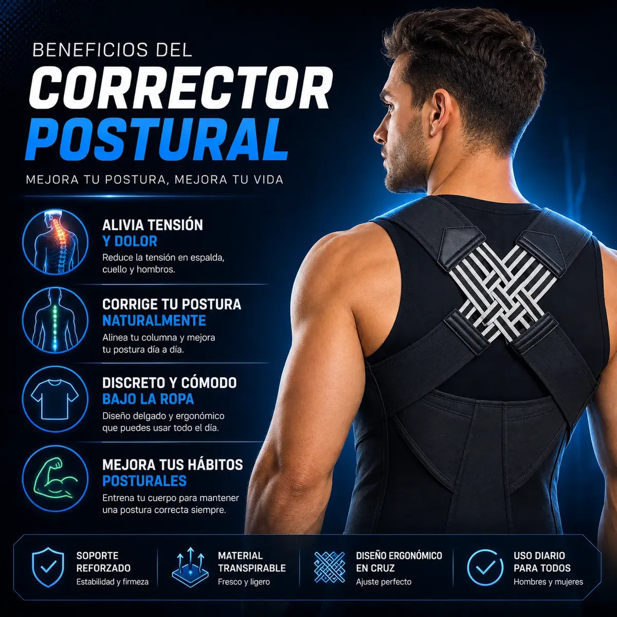 Corrector de Postura Ergonómico Ajustable Premium – Alivio de Dolor Espalda y Hombros